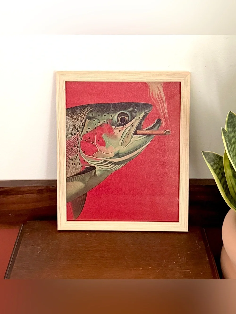 Trout Fish Smoking a Cigarette Vintage Style Canvas Wall Art Print Wood Framed
